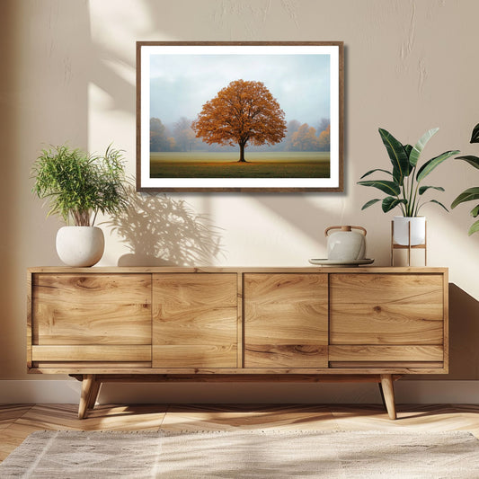 Dette kunstverket viser et ensomt, storslått tre i høstfarger, som står majestetisk på en åpen slette. Miljøfoto viser motivet som plakat med hvit kant i ramme.