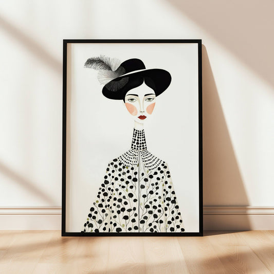 Løft hjemmet ditt med Ethereal Grace – Stilfull Kunstplakat, en elegant og drømmende illustrasjon av en kvinne med tidløs utstråling. Illustrasjon viser plakat i sort ramme.