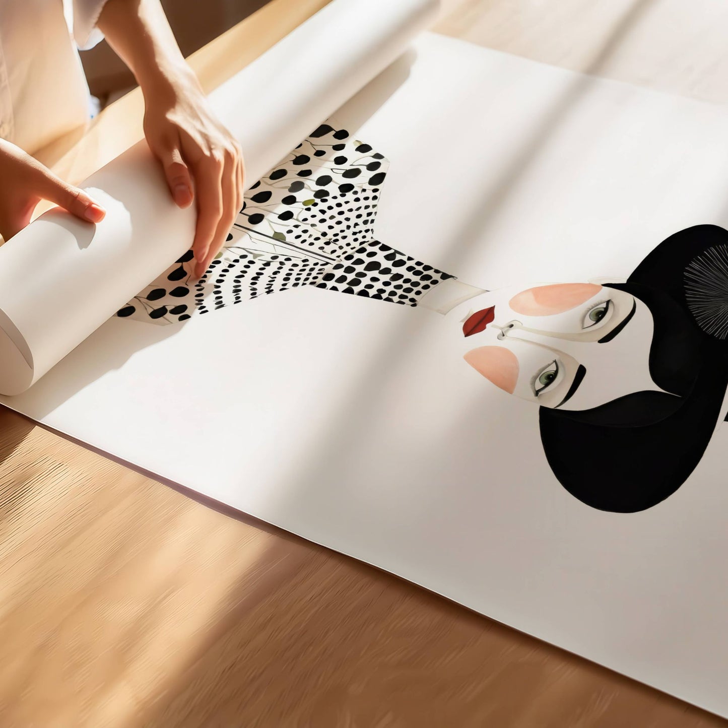 Løft hjemmet ditt med Ethereal Grace – Stilfull Kunstplakat, en elegant og drømmende illustrasjon av en kvinne med tidløs utstråling. Illustrasjon viser plakat på print.