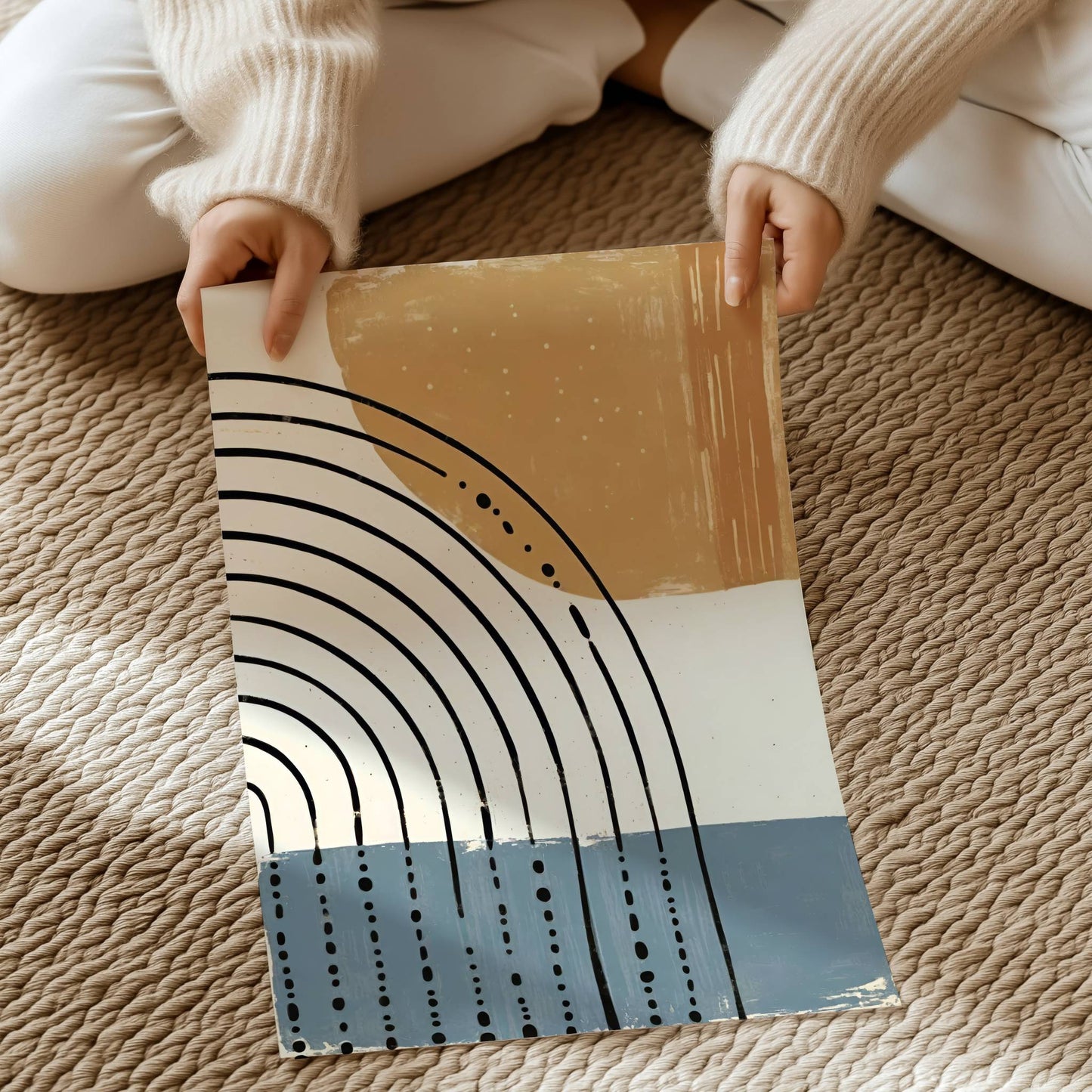 Ethereal Flow med myke linjer, balanserte kurver og naturlige jordtoner i blått og beige, skaper denne plakaten en rolig og sofistikert atmosfære. Illustrasjon viser motivet på print.