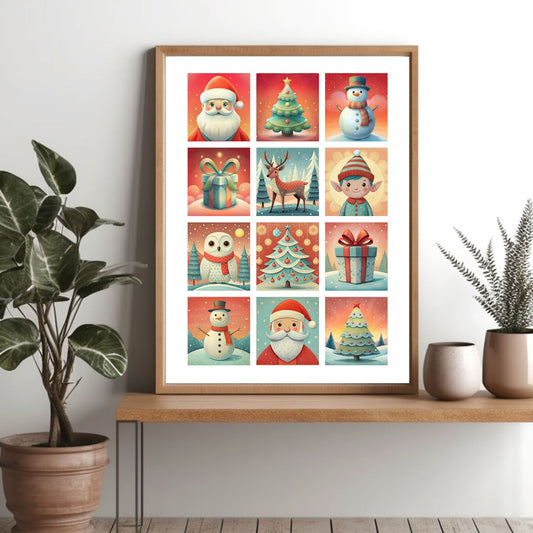 Eventyrlig Jul plakat er designet for å fange essensen av julens magi, og plakaten er fylt med fargerike og koselige illustrasjoner. Illustrasjonsfoto viser plakat i lys ramme.