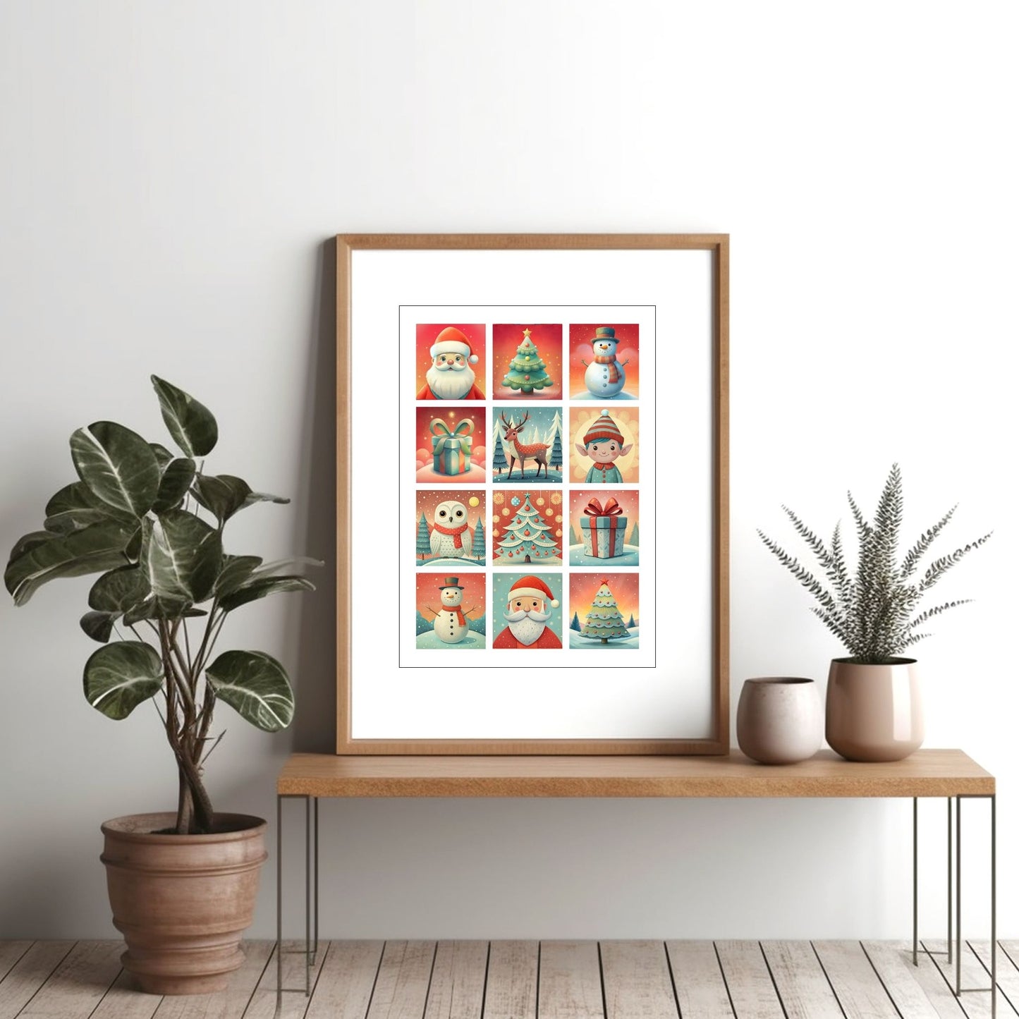 Eventyrlig Jul plakat er designet for å fange essensen av julens magi, og plakaten er fylt med fargerike og koselige illustrasjoner. Illustrasjonsfoto viser plakat med passepartout i lys ramme.