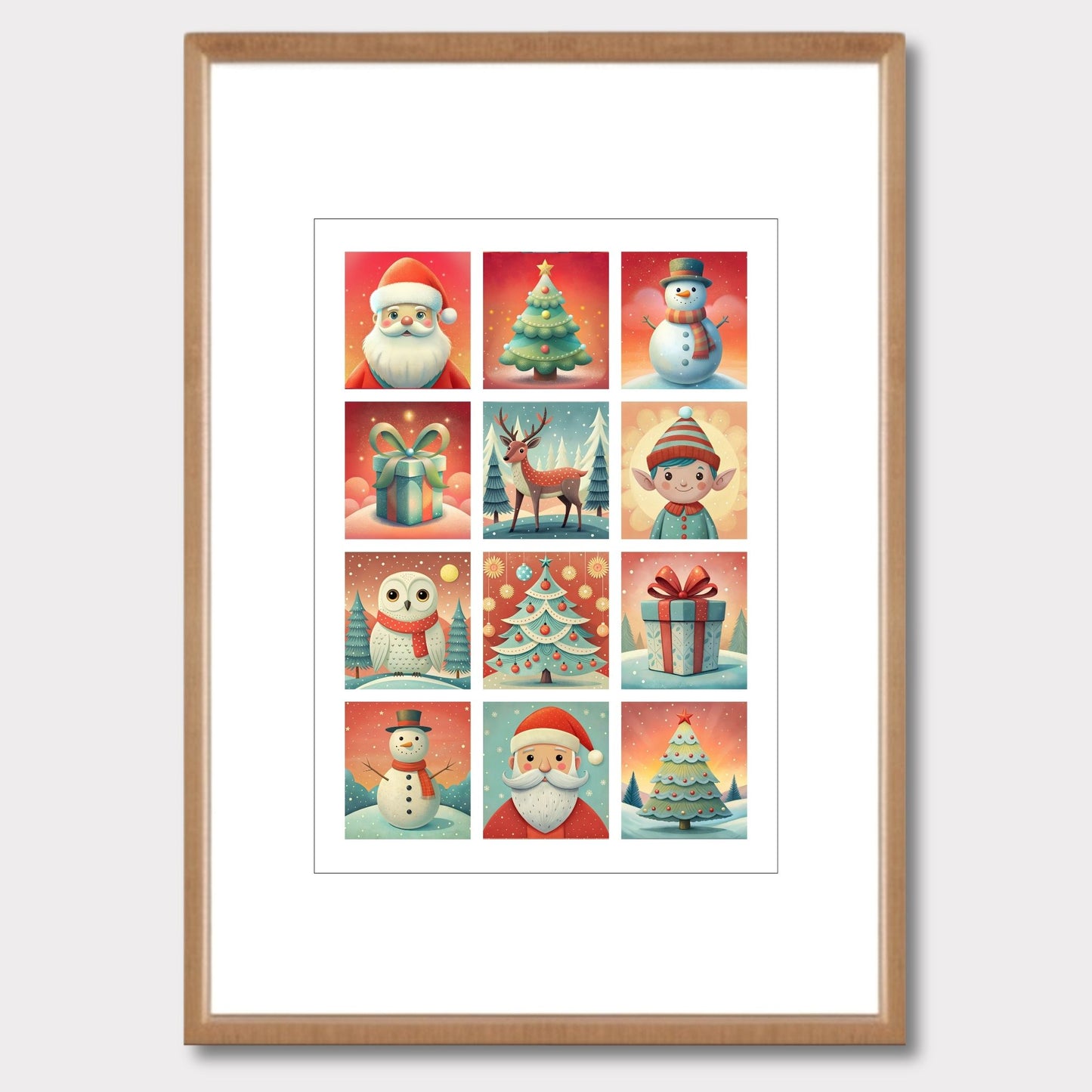 Eventyrlig Jul plakat er designet for å fange essensen av julens magi, og plakaten er fylt med fargerike og koselige illustrasjoner. Illustrasjonsfoto viser plakat med passepartout i lys ramme.