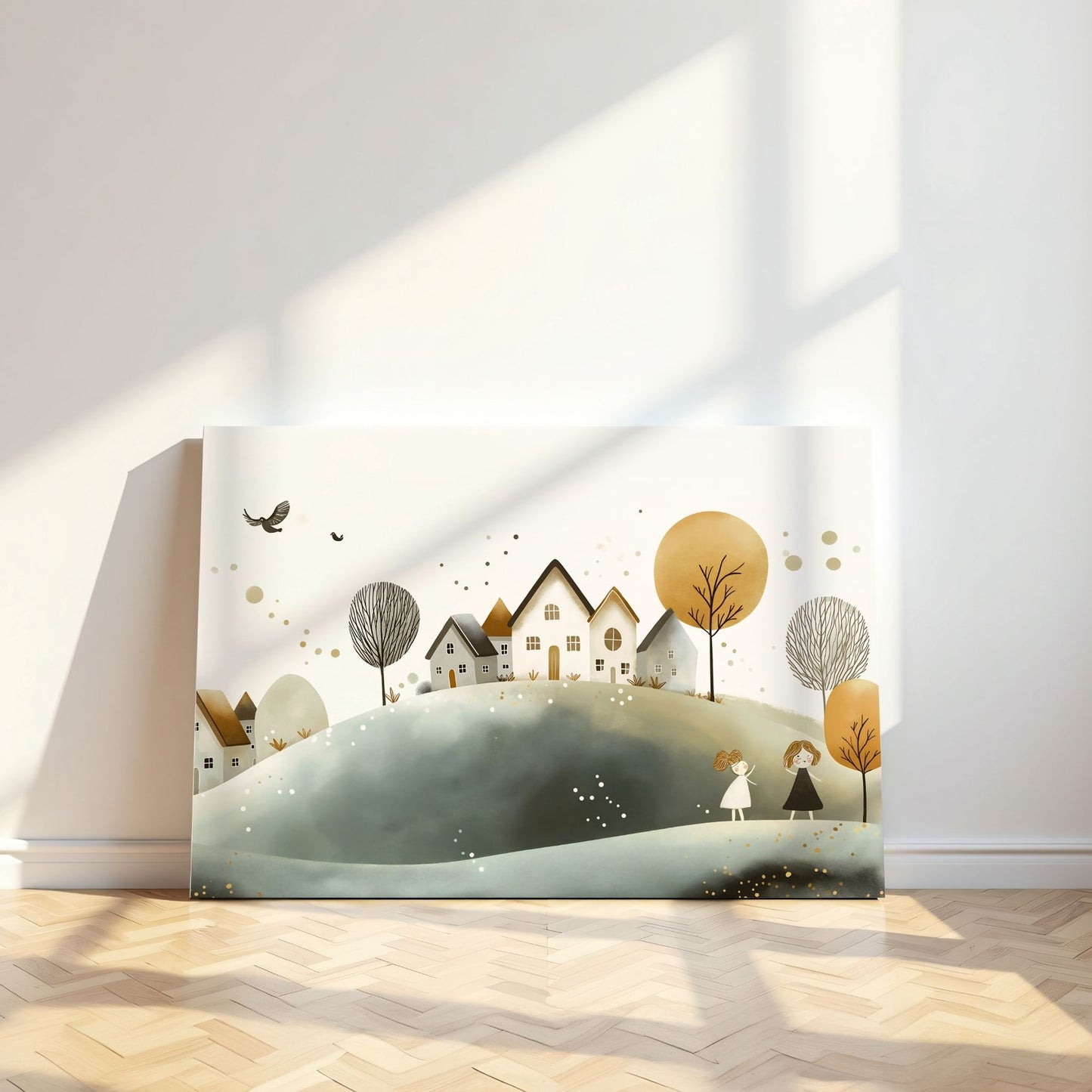 Eventyrlig Landsby, en kunstplakat eller lerret som tar deg med til et idyllisk landskap med varme toner og sjarmerende illustrasjoner. Illustrasjon viser motivet på lerret.