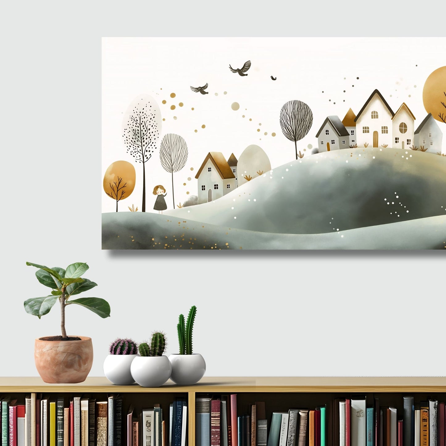 Eventyrlig Landsby, en kunstplakat eller lerret som tar deg med til et idyllisk landskap med varme toner og sjarmerende illustrasjoner. Illustrasjon viser motivet på stort lerret.
