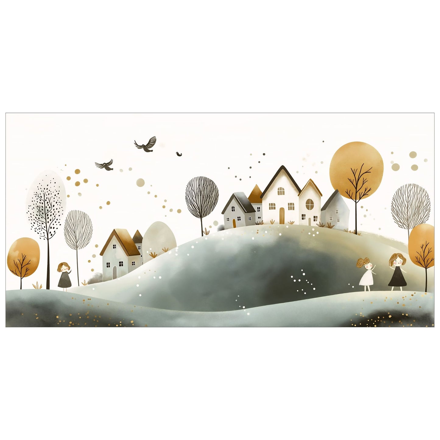 Eventyrlig Landsby, en kunstplakat eller lerret som tar deg med til et idyllisk landskap med varme toner og sjarmerende illustrasjoner.