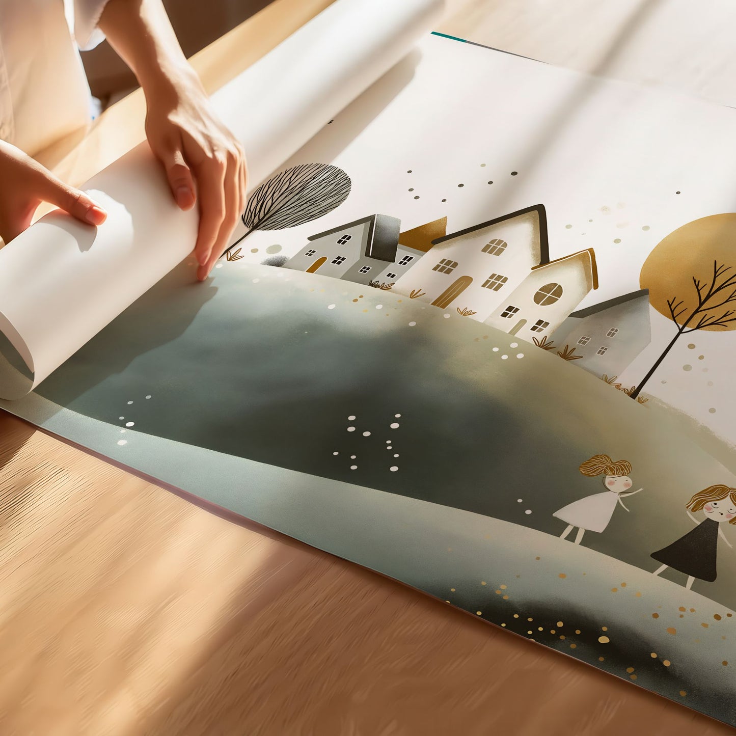 Eventyrlig Landsby, en kunstplakat eller lerret som tar deg med til et idyllisk landskap med varme toner og sjarmerende illustrasjoner.