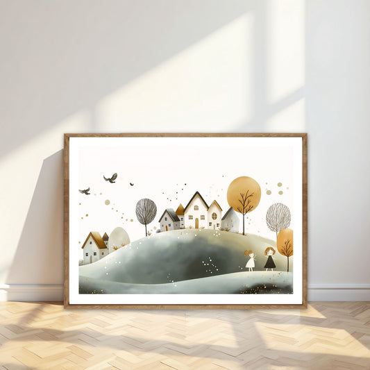 Eventyrlig Landsby, en kunstplakat eller lerret som tar deg med til et idyllisk landskap med varme toner og sjarmerende illustrasjoner. Illustrasjon viser motivet som plakat med hvit kant i ramme.