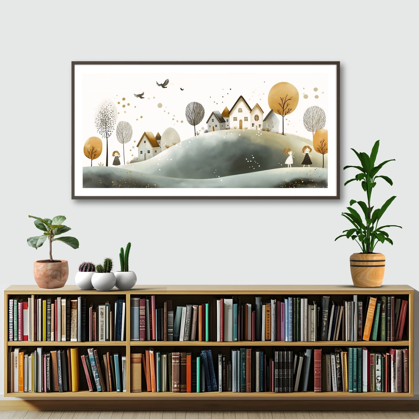 Eventyrlig Landsby, en kunstplakat eller lerret som tar deg med til et idyllisk landskap med varme toner og sjarmerende illustrasjoner. Illustrasjon viser motivet som stor plakat med hvit kant i ramme.