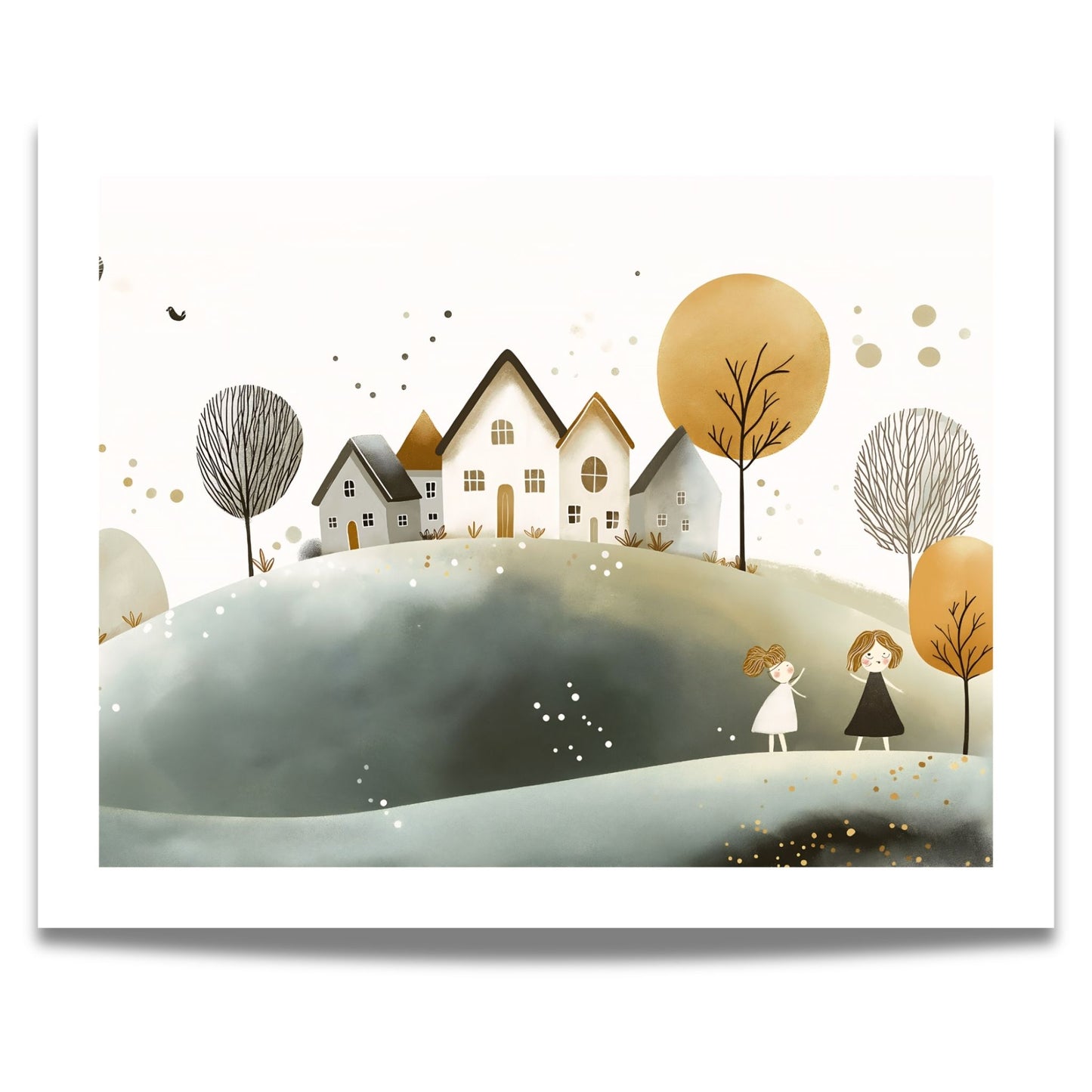 Eventyrlig Landsby, en kunstplakat eller lerret som tar deg med til et idyllisk landskap med varme toner og sjarmerende illustrasjoner.