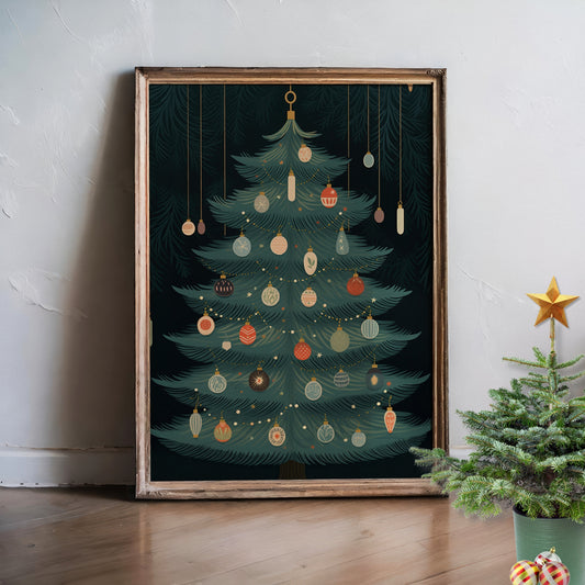 Et klassisk juletre med elegant pynt i duse grønn- og gulltoner. Illustrasjon viser plakat uten hvit kantlinje i ramme.