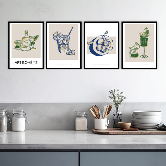 Art Bohème – en serie fargerike og grafiske plakater inspirert av mat, drikke og hverdagsglede. Illustrasjon viser 4 motiver fra serien i sort ramme.