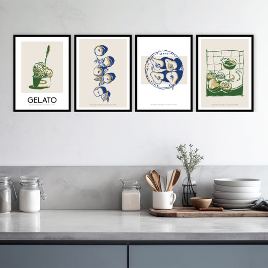 Everyday Delights - Fruit &Form – plakatsett med frukt, dessert og grafisk eleganse. Illustrasjonen viser motiv No58 - 59 - 61 - 64 fra serien.