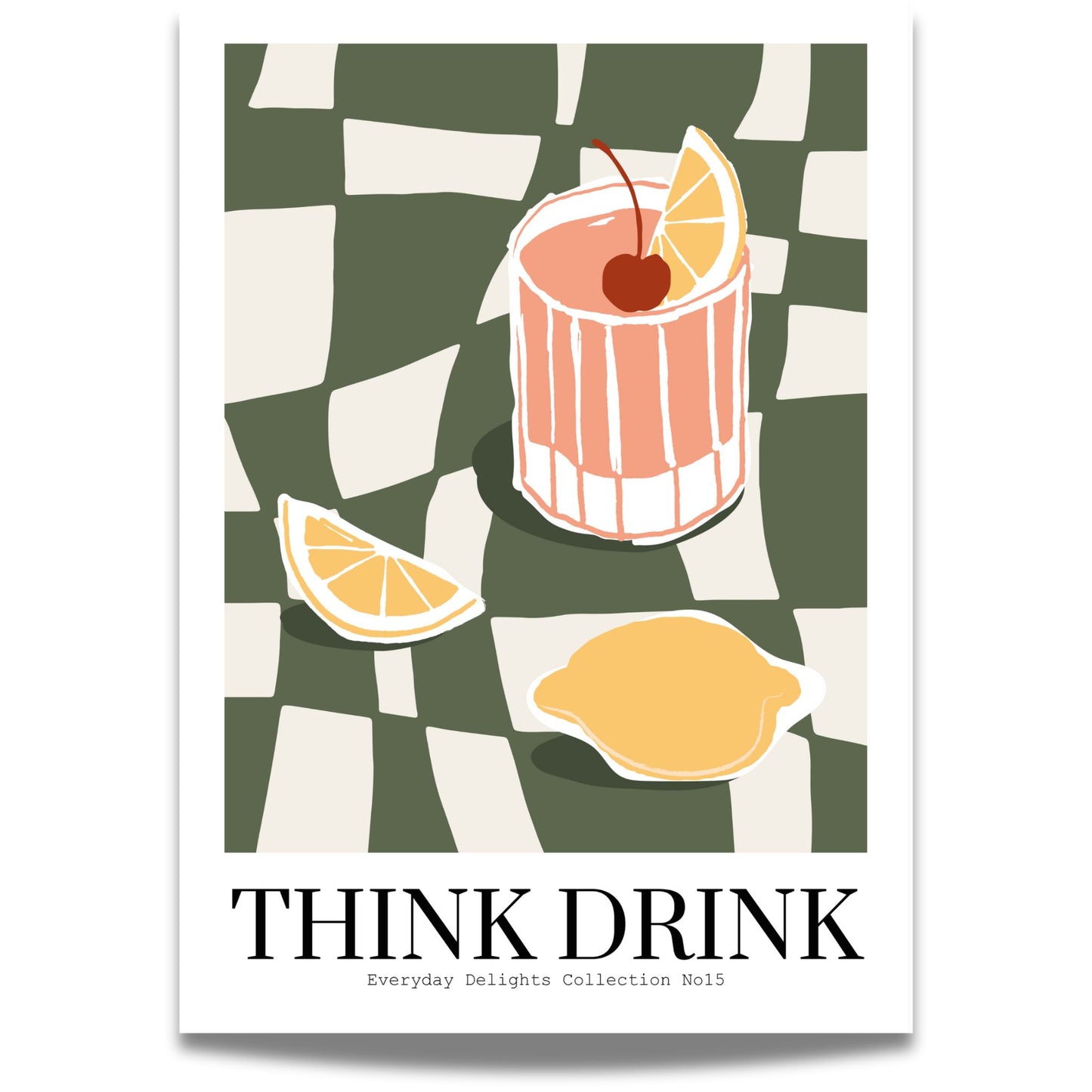 Et friskt drinkmotiv i moderne strek og røff sjakkrute – teksten Think drink fullfører stilen.