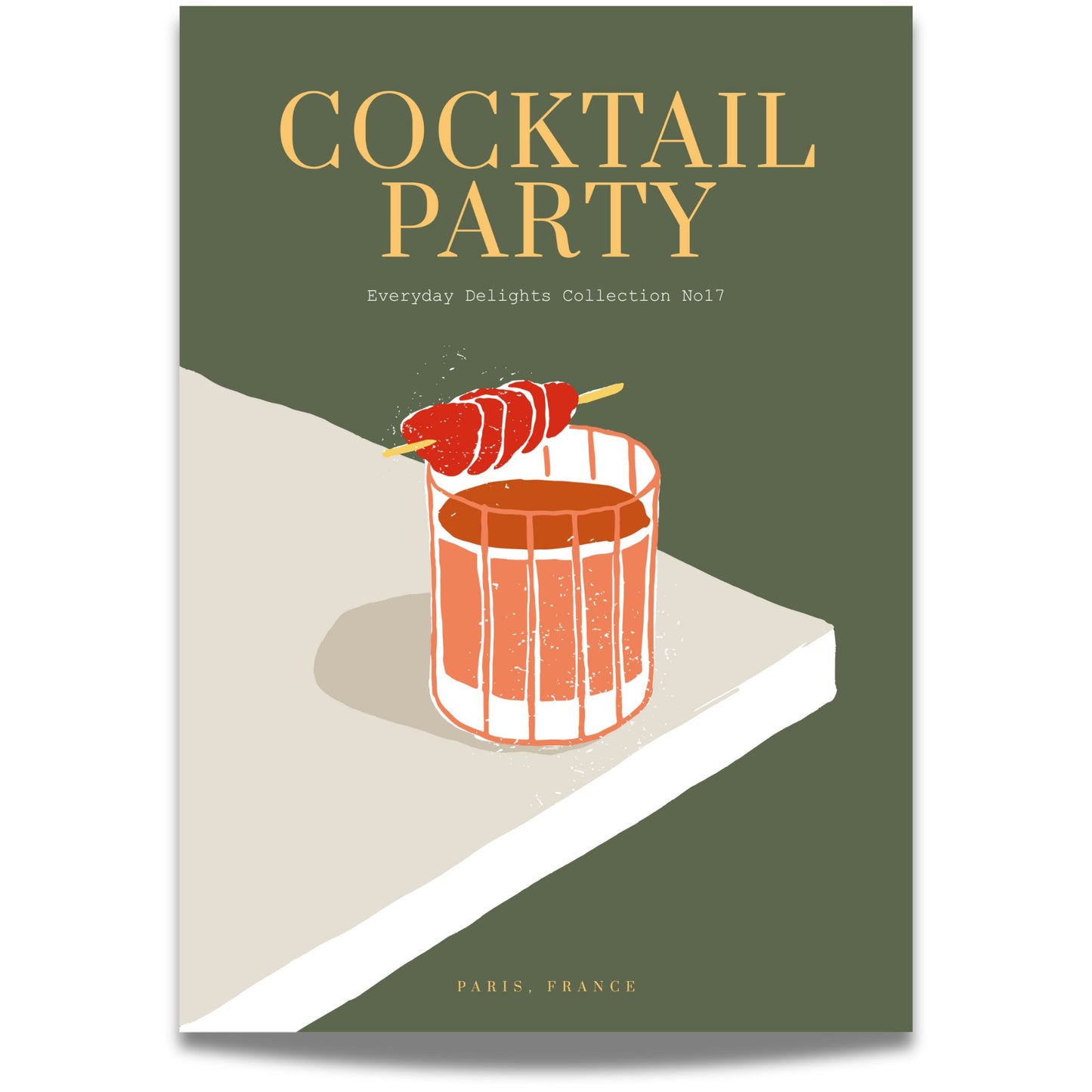 Et stilisert drinkglass med bær og teksten "Cocktail Party" – perfekt som blikkfang i hjemmets barområde.