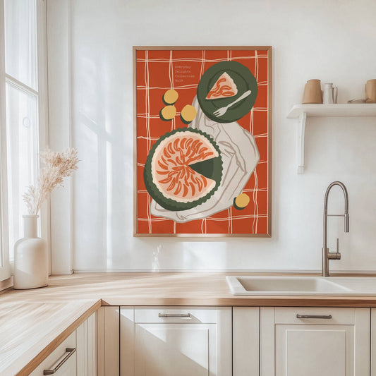 Et kraftfullt og detaljert fruktstilleben med sterk fargebruk og moderne uttrykk. Illustrasjon viser plakat i eik ramme.