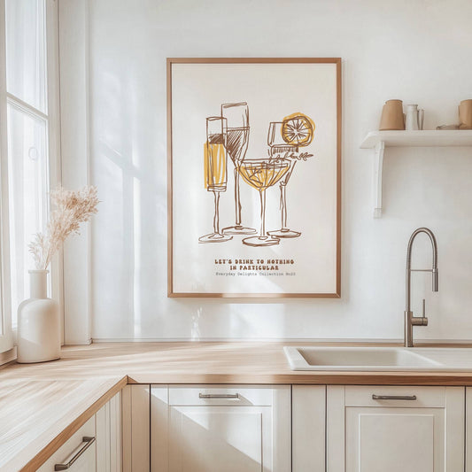 Fire ulike glass i strekstil med sitron og bobler – under teksten "Let’s share to nothing in particular". Illustrasjon viser plakat i eik ramme.