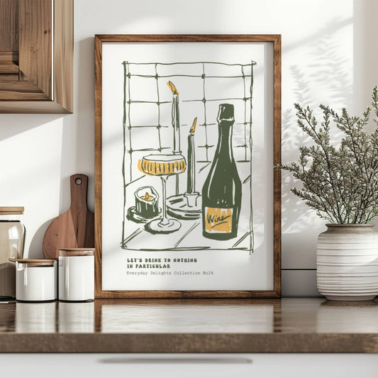 Stilrent motiv med stearinlys og bobler – elegant plakat med tekst og lun atmosfære - i mørk ramme.