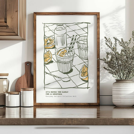 Moderne og leken cocktailplakat med humoristisk tekst og avslappet vibe - i mørk ramme.