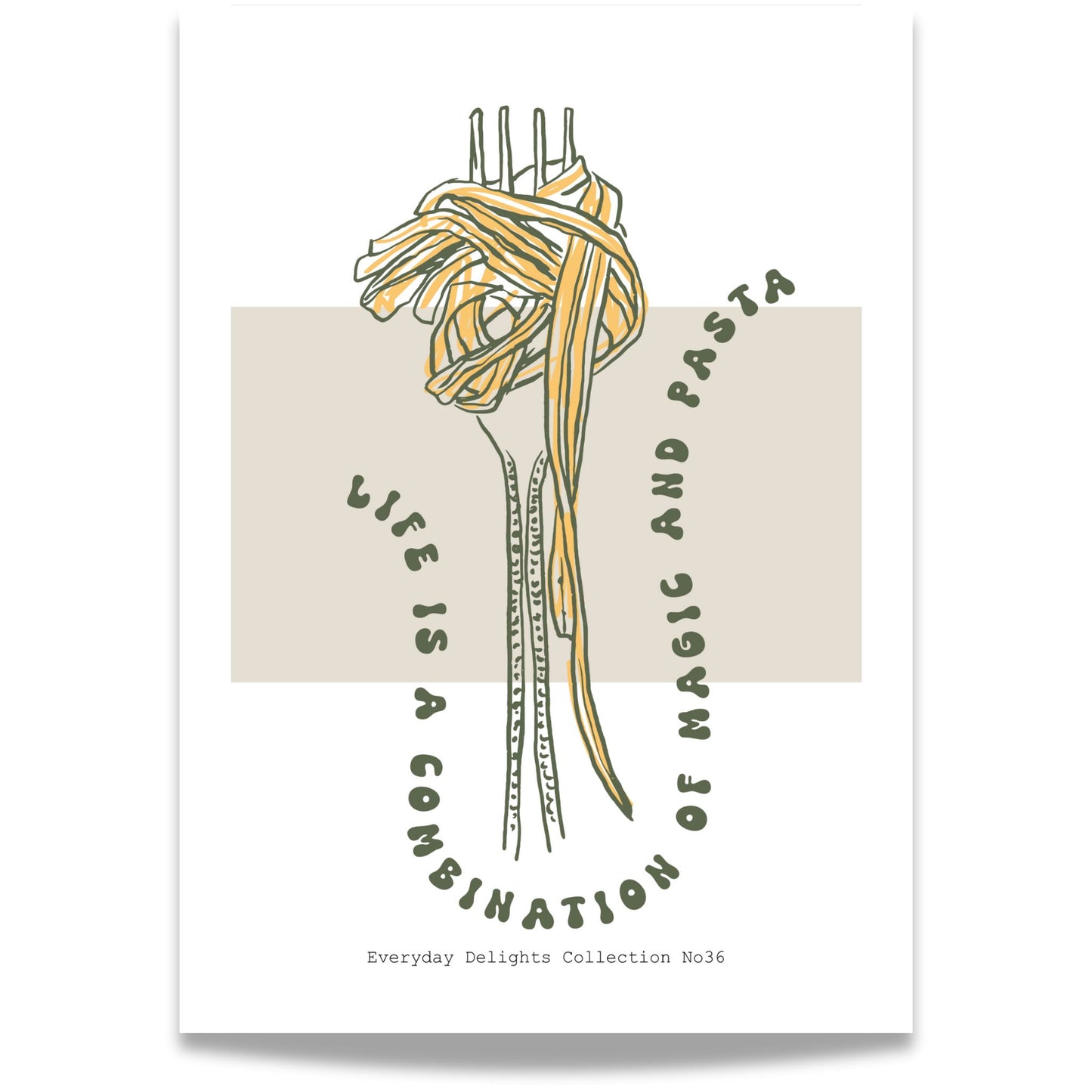 Et ikonisk motiv for pastaglade, med teksten “Life is a combination of magic and pasta”