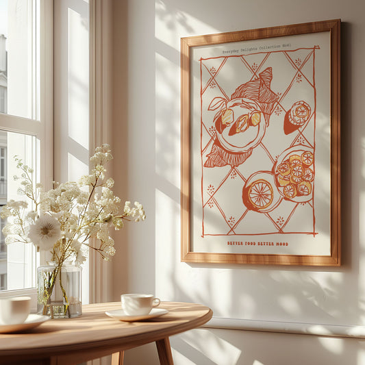 Everyday Delights No41 – Sitrus og solhatt – grafisk sommerplakat i oransje toner. illustrasjn viser plakat i eik ramme.