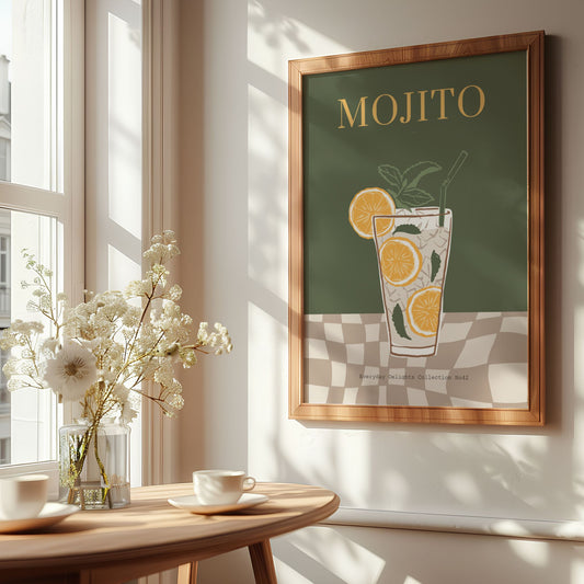 Everyday Delights No42 – Mojito med appelsin – illustrert cocktailplakat. Illustrasjon viser plakt i eik ramme.