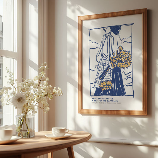 Everyday Delights No45 – Kvinne med blomster og vesket – blå strekplakat med tekst. Illustrasjon viser plakat i eik ramme.