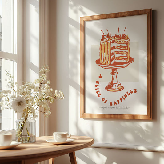 Everyday Delights No47 – Kake med kirsebær – dessertplakat med tekstbue. Illustrasjon viser plakat i eik ramme.