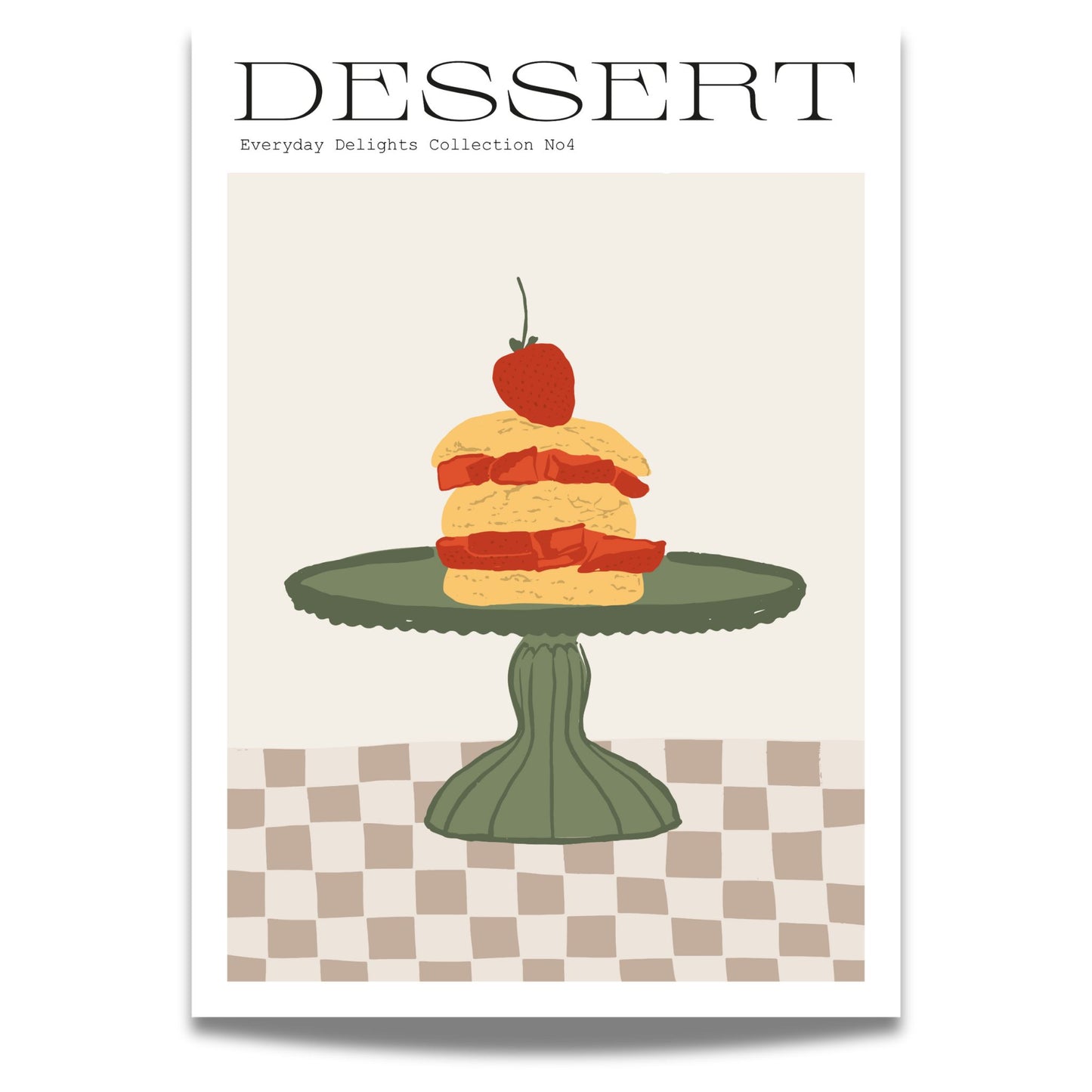 En grafisk plakat som viser et fristende lagkakestykke på grønn kakefat, perfekt for dessertelskeren og den som setter pris på vintage estetikk.