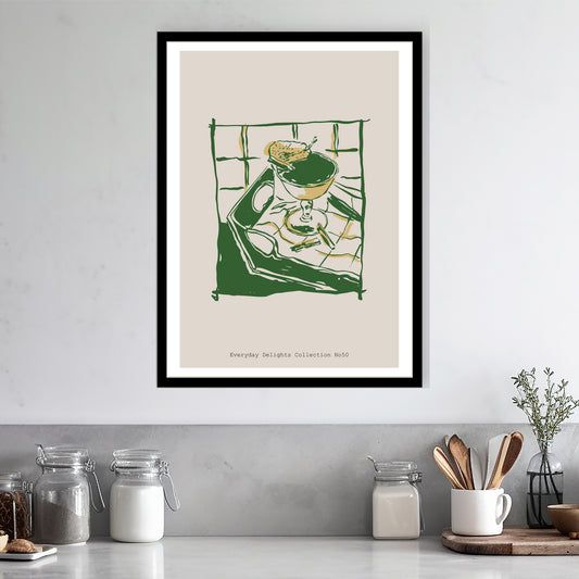 Et stemningsfullt motiv av cocktailglass i mørke grønntoner – perfekt for barhjørnet. illustrasjon viser plakat i sort ramme.