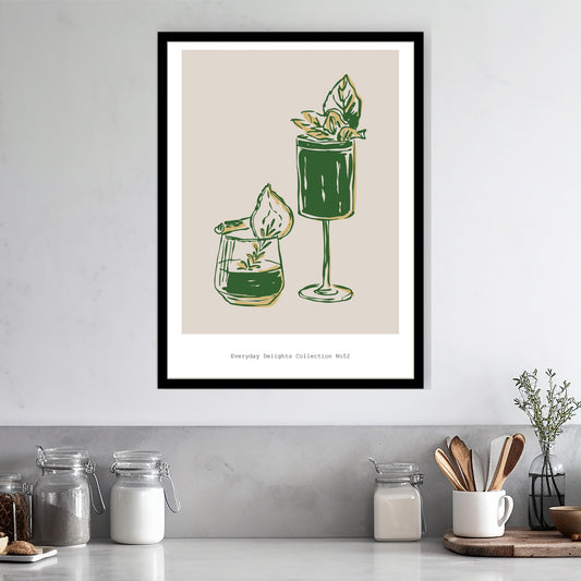 Et dobbelmotiv med moderne former – frisk, rolig og perfekt som kjøkkendekor. Illustrasjon viser plakat i sort ramme.