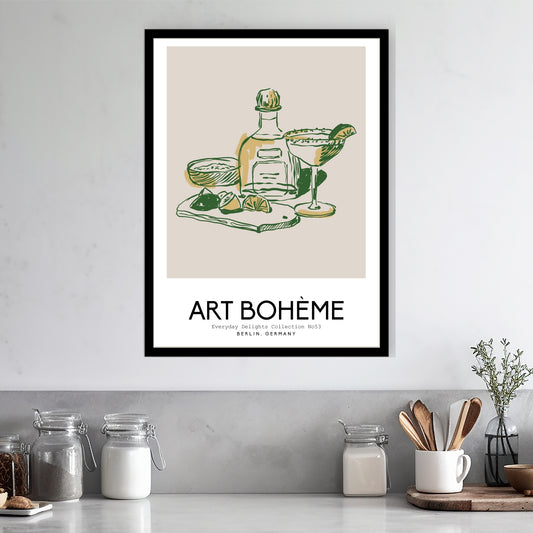 En liten scenografi av flasker og lime med teksten Art Bohème – rustikk og elegant. Illustrasjon viser plakat i sort ramme.