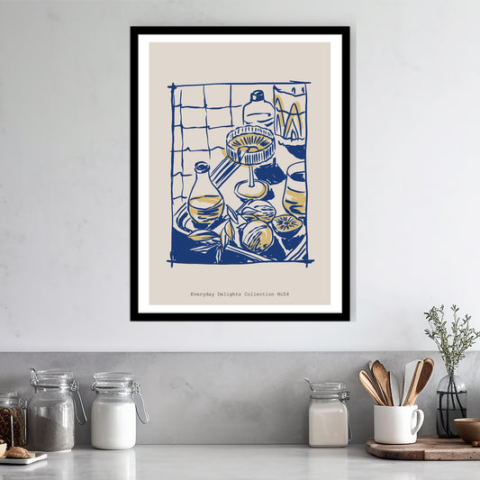 Pakatmotiv rik i detaljer og med hint av vintage – perfekt for deg som liker retro og serveringskultur. Illustrasjon viser plakat i sort ramme.