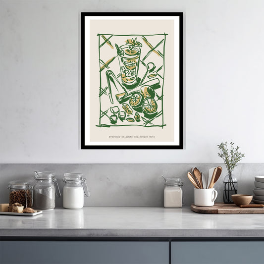 Et rikt motiv med cocktailglass, frukt og skje – grafisk og energisk oppsett. Illustrasjon viser plakat i sort ramme.