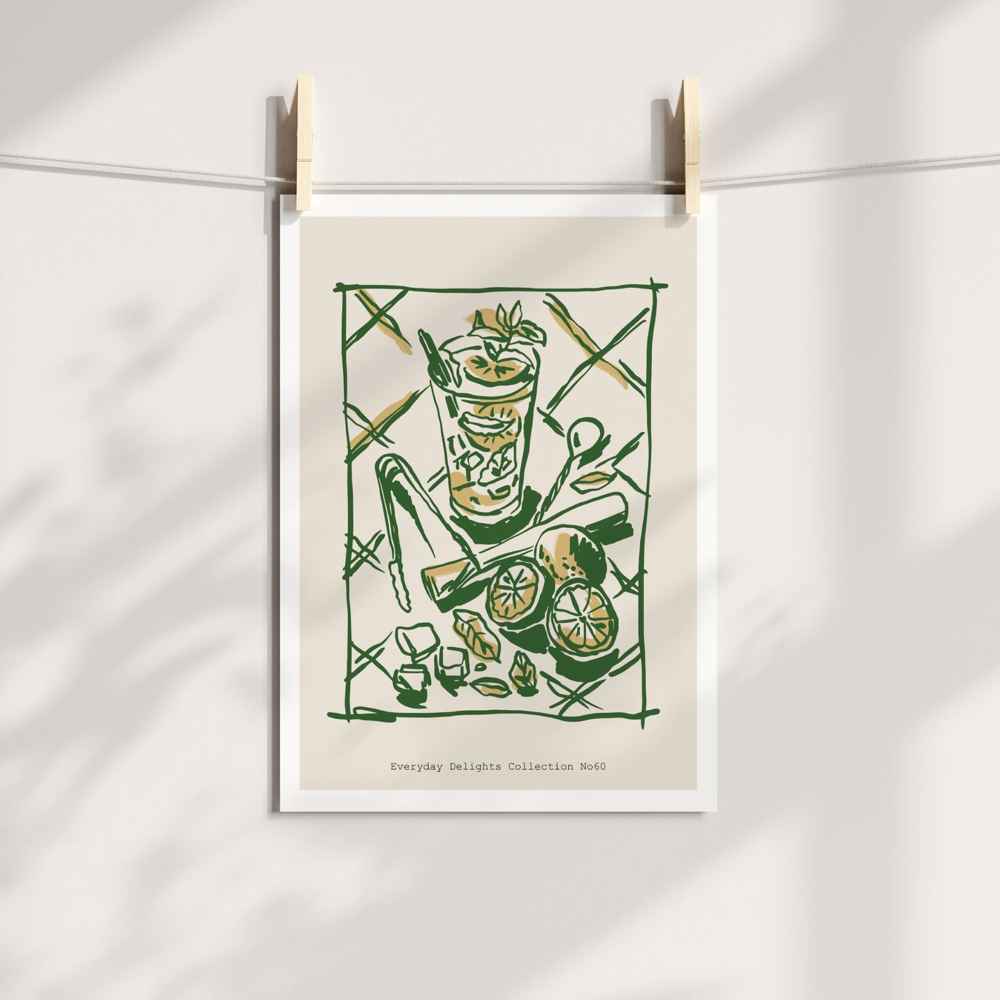 Et rikt motiv med cocktailglass, frukt og skje – grafisk og energisk oppsett. Illustrasjon viser plakat på print.
