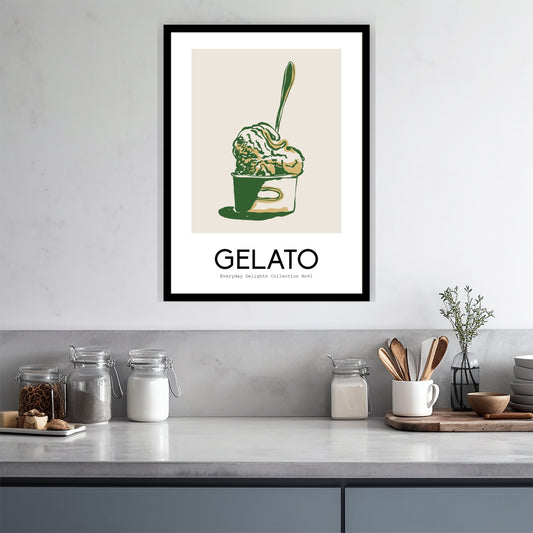 Klassisk grønn is i papirbeger med skje – teksten Gelato gir nostalgisk italiensk følelse. Illustrasjon viser plakat i sort ramme.