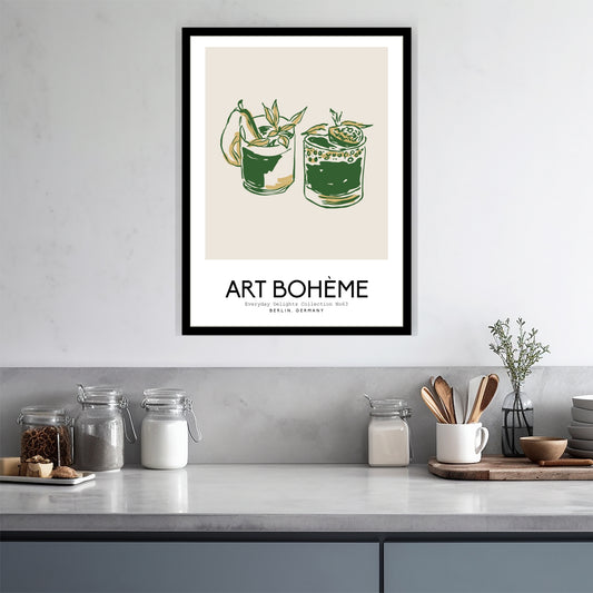 To cocktailglass med friske urter og sitron – ren og moderne serveringskunst. Illustrasjon viser plakat i sort ramme.