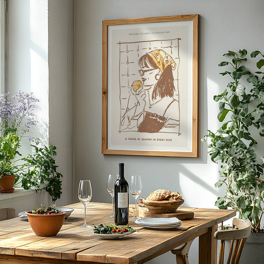 En grafisk plakat med motiv av en jente nyter en iskule – et varmt motiv som minner om enkle gleder og små pauser i hverdagen. Illustrasjonen viser plakat i eik ramme.