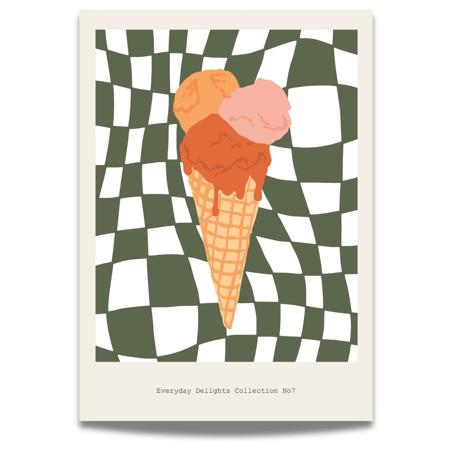 Dette grafiske motivet viser en tegnet iskremkjeks i pastell og varm oransje på bølgende rutebakgrunn – en retro plakat med høy sommerfaktor.