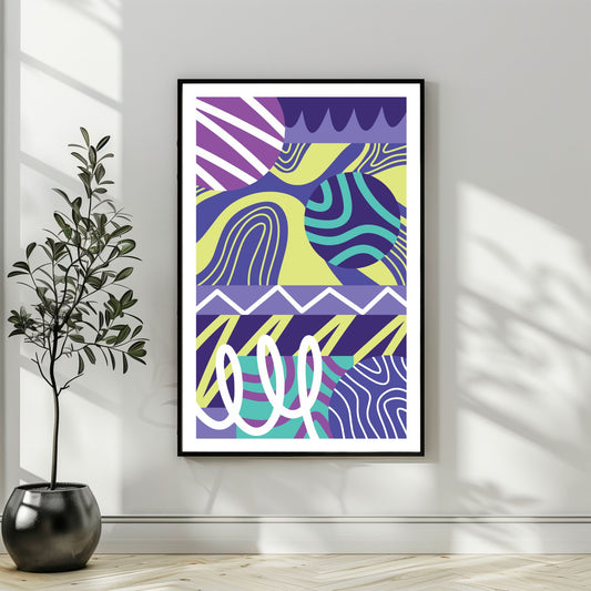 "Experimental Art" – Grafisk serie designet for å fange øyets. Med nyanser av lilla, mint, blått og hvitt, tilbyr denne serien en frisk og dynamisk estetikk som passer perfekt inn i moderne innredningsstiler. Illustrasjonsbilde som viser motivet som plakat i sort ramme.