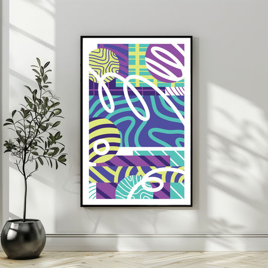 "Experimental Art" – Grafisk serie designet for å fange øyets. Med nyanser av lilla, mint, blått og hvitt, tilbyr denne serien en frisk og dynamisk estetikk som passer perfekt inn i moderne innredningsstiler. Illustrasjonsbilde som viser motivet som plakat i sort ramme.