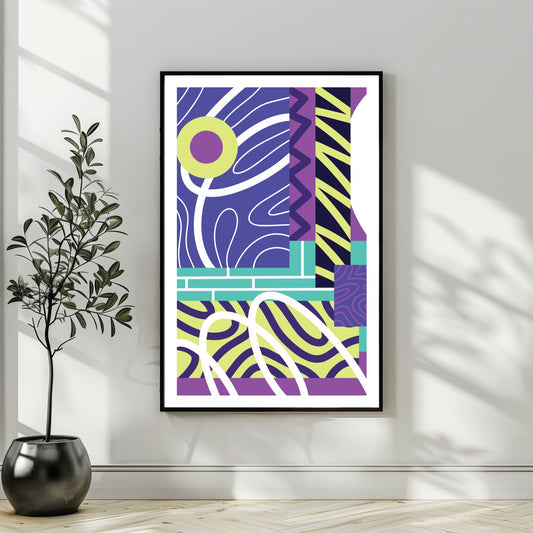 "Experimental Art" – Grafisk serie designet for å fange øyets. Med nyanser av lilla, mint, blått og hvitt, tilbyr denne serien en frisk og dynamisk estetikk som passer perfekt inn i moderne innredningsstiler. Illustrasjonsbilde som viser motivet som plakat i sort ramme.