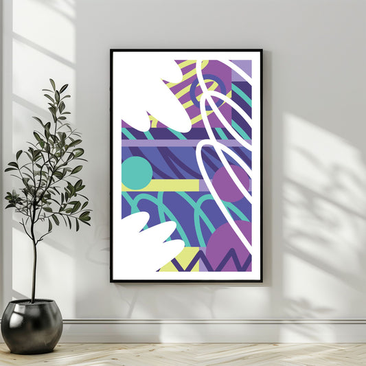 "Experimental Art" – Grafisk serie designet for å fange øyets. Med nyanser av lilla, mint, blått og hvitt, tilbyr denne serien en frisk og dynamisk estetikk som passer perfekt inn i moderne innredningsstiler. Illustrasjonsbilde som viser motivet som plakat i sort ramme.