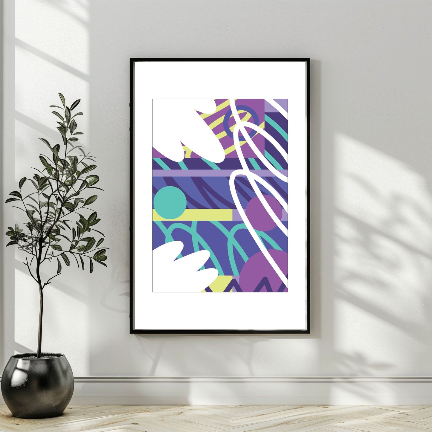 "Experimental Art" – Grafisk serie designet for å fange øyets. Med nyanser av lilla, mint, blått og hvitt, tilbyr denne serien en frisk og dynamisk estetikk som passer perfekt inn i moderne innredningsstiler. Illustrasjonsbilde som viser motivet som plakat i sort ramme.