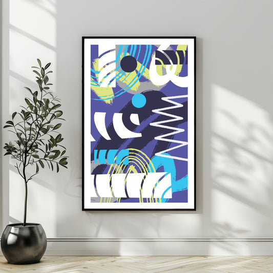 "Experimental Art" – Grafisk serie designet for å fange øyets. Med nyanser av lilla, mint, blått og hvitt, tilbyr denne serien en frisk og dynamisk estetikk som passer perfekt inn i moderne innredningsstiler. Illustrasjonsbilde som viser motivet som plakat i sort ramme.