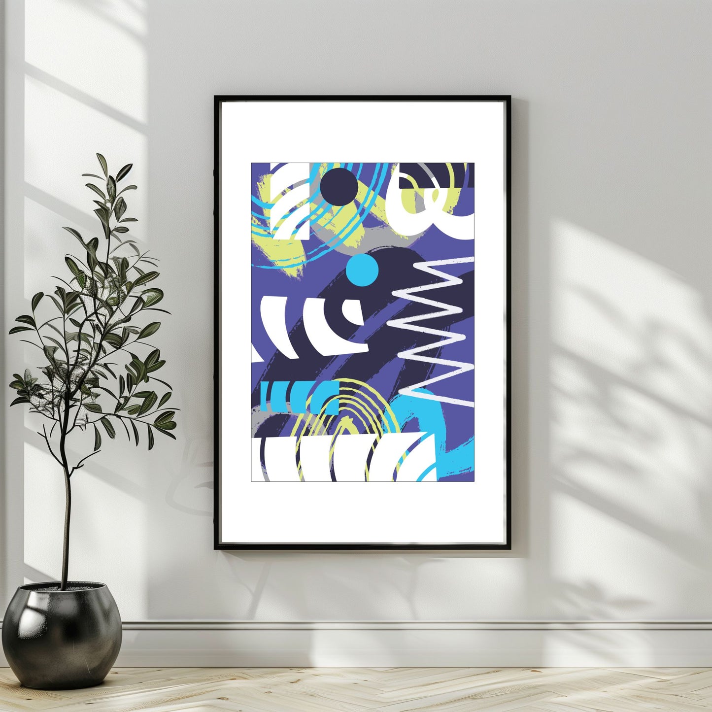 "Experimental Art" – Grafisk serie designet for å fange øyets. Med nyanser av lilla, mint, blått og hvitt, tilbyr denne serien en frisk og dynamisk estetikk som passer perfekt inn i moderne innredningsstiler. Illustrasjonsbilde som viser motivet som plakat i sort ramme.