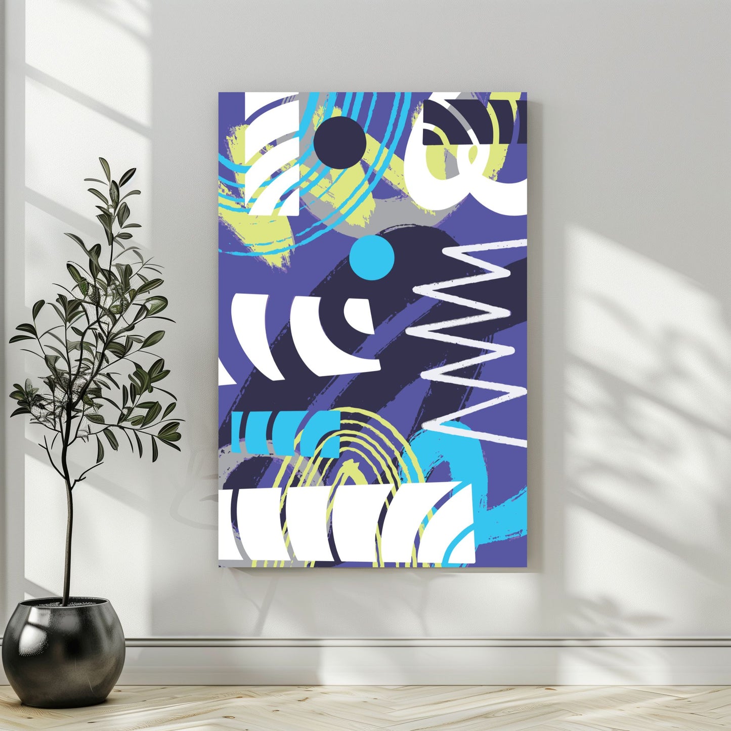 "Experimental Art" – Grafisk serie designet for å fange øyets. Med nyanser av lilla, mint, blått og hvitt, tilbyr denne serien en frisk og dynamisk estetikk som passer perfekt inn i moderne innredningsstiler. Illustrasjonsbilde som viser motivet på lerret.