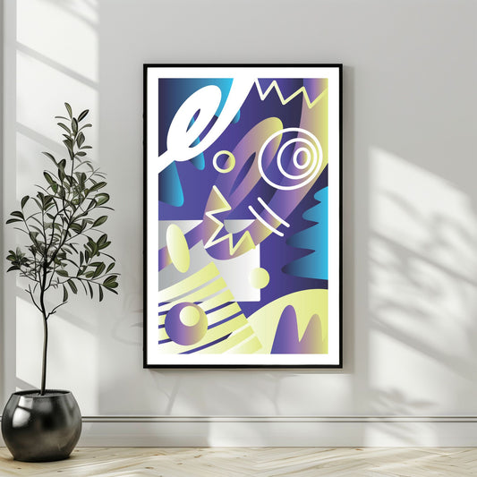 "Experimental Art" – Grafisk serie designet for å fange øyets. Med nyanser av lilla, mint, blått og hvitt, tilbyr denne serien en frisk og dynamisk estetikk som passer perfekt inn i moderne innredningsstiler. Illustrasjonsbilde som viser motivet som plakat i sort ramme.