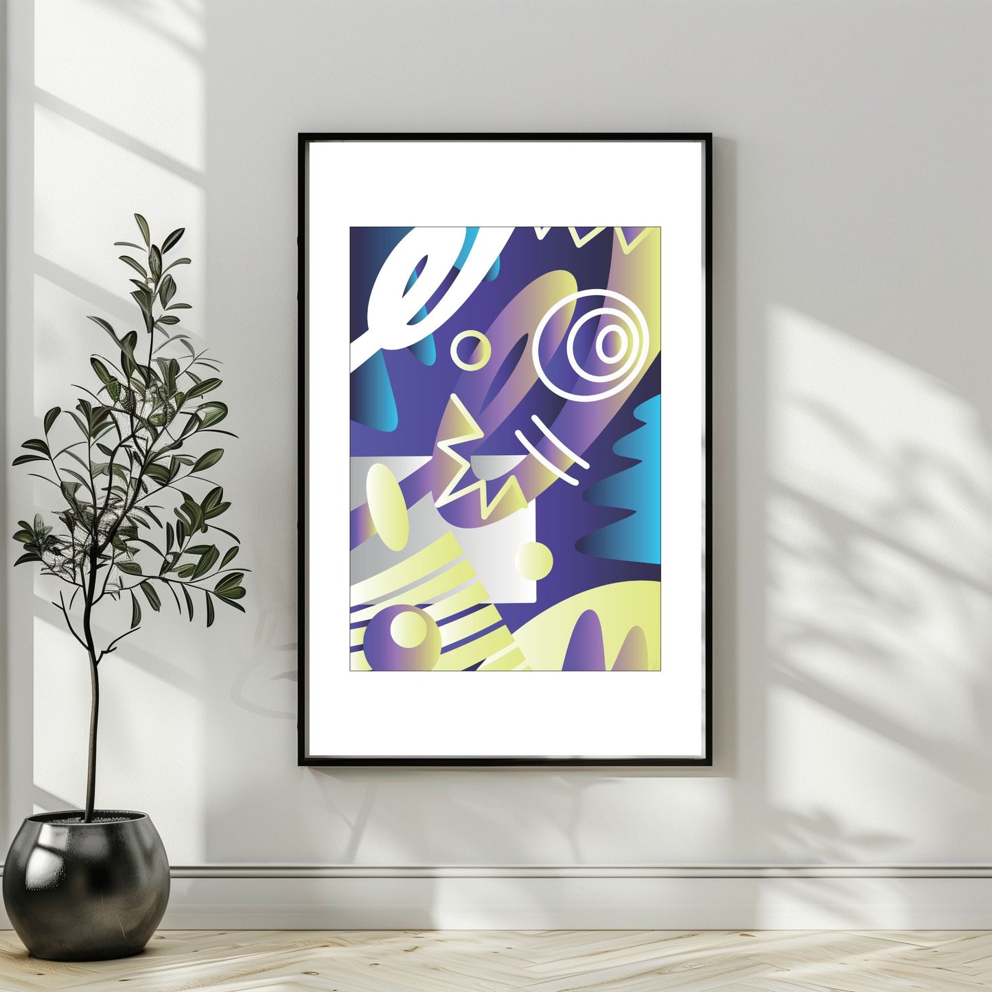 "Experimental Art" – Grafisk serie designet for å fange øyets. Med nyanser av lilla, mint, blått og hvitt, tilbyr denne serien en frisk og dynamisk estetikk som passer perfekt inn i moderne innredningsstiler. Illustrasjonsbilde som viser motivet som plakat i sort ramme.