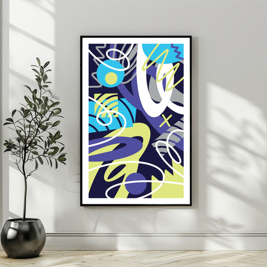 "Experimental Art" – Grafisk serie designet for å fange øyets. Med nyanser av lilla, mint, blått og hvitt, tilbyr denne serien en frisk og dynamisk estetikk som passer perfekt inn i moderne innredningsstiler. Illustrasjonsbilde som viser motivet som plakat i sort ramme.